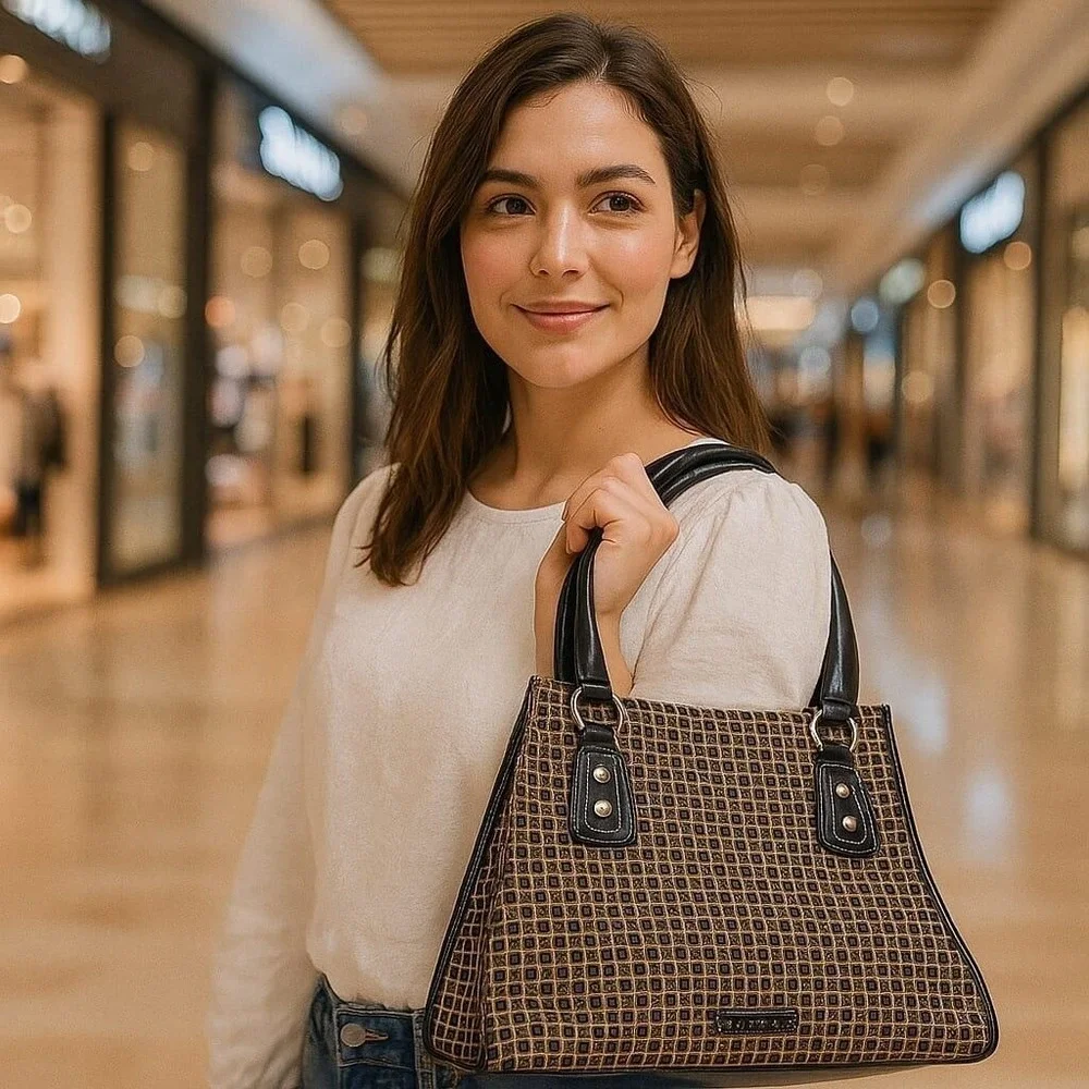 Nine & Co. Satchel Handbag Designer Purse Structured‎ Tote Bag Brown L Retro